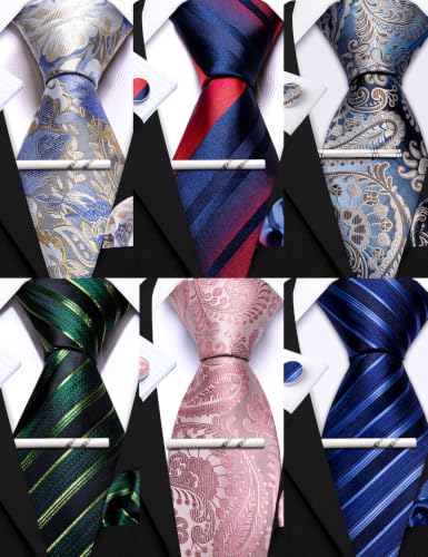 Image of Barry.Wang 6 PCS Men Ties Set Silk Business Fashion Woven Necktie Handkerchief Cufflinks Paisley Stripe Wedding Party