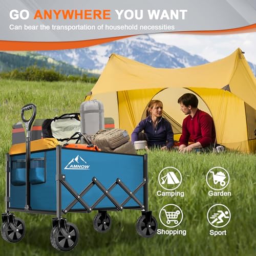 Image of Collapsible Folding Wagon Cart, 350LBS Utility Large Capacity Cart Foldable Wagon with All Terrain Wheels, Grocery Wagons Carts for Garden Shopping Sports Camping, Blue