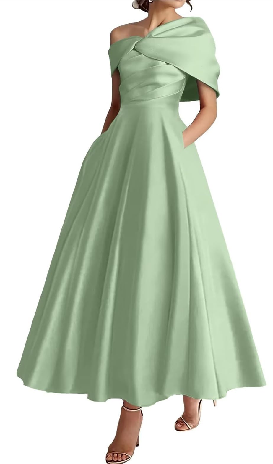 WSEYU Women's One Shoulder Mother of The Bride Dresses with Pockets Satin Formal Evening Prom Gown Tea Length ZMKI328 Sage Green UK18