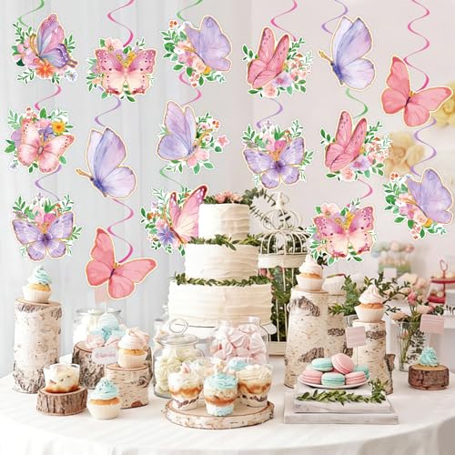 Image of 48Pcs Spring Butterfly Hanging Swirl Decorations, Watercolor Butterfly Ceiling Hanging Swirls Spring Party Hanging Swirls Streamers for Birthday Wedding Garden Tea Party Decor Supplies