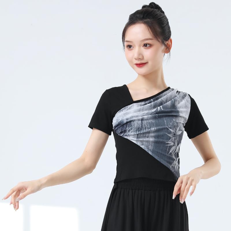 HEARTTOUCH Women Modern Dance Top Ballet Wrap Top Chinese Style Shirts Long Sleeve Yoga Gym Crop Tops Teen Girls Pullover (Black b,X-Large)