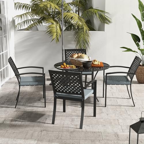 Outsunny 5-Piece Outdoor Dining Set with 4 Stackable Cushioned Armchairs, Patio Furniture Sets with Umbrella Hole Metal Plate Table, for Garden Deck Poolside Lawn Yard, Grey - Image 3