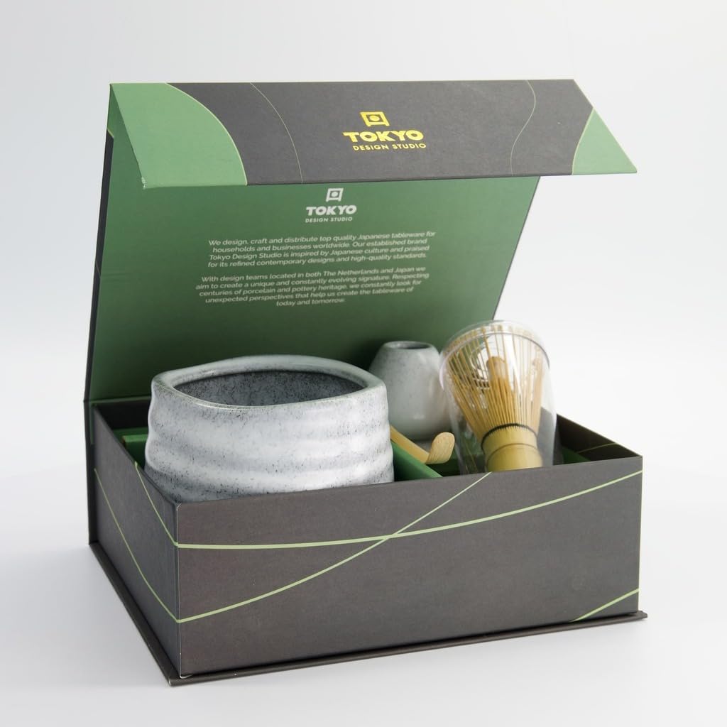 TOKYO design studio Lot de 4 pièces à matcha dans un emballage cadeau de qualité supérieure - Avec bol à matcha, fouet en bambou, cuillère en bambou et support pour fouet - Cérémonie traditionnelle du