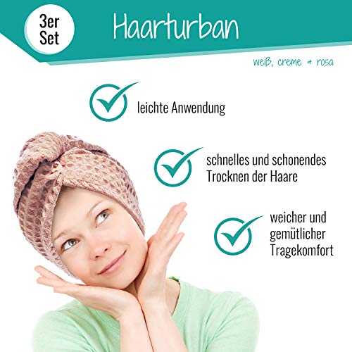 Lead Care Haarturban, Turban, Haartrockentuch, 3er Set - schnell trocknendes Mikrofaser Trockentuch mit Knopf (3er Set weiß, Creme, rosa) (weiß, Creme, rosa)