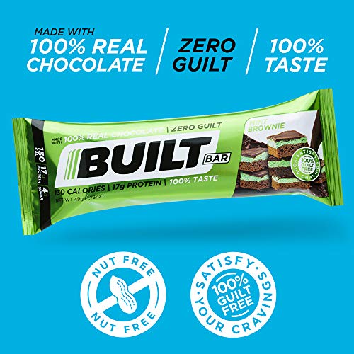 Built Bar 18 Pack Protein and Energy Bars - 100% Real Chocolate - High In Whey Protein And Fiber - Gluten Free, Natural Flavoring, No Preservatives (Mint Brownie)