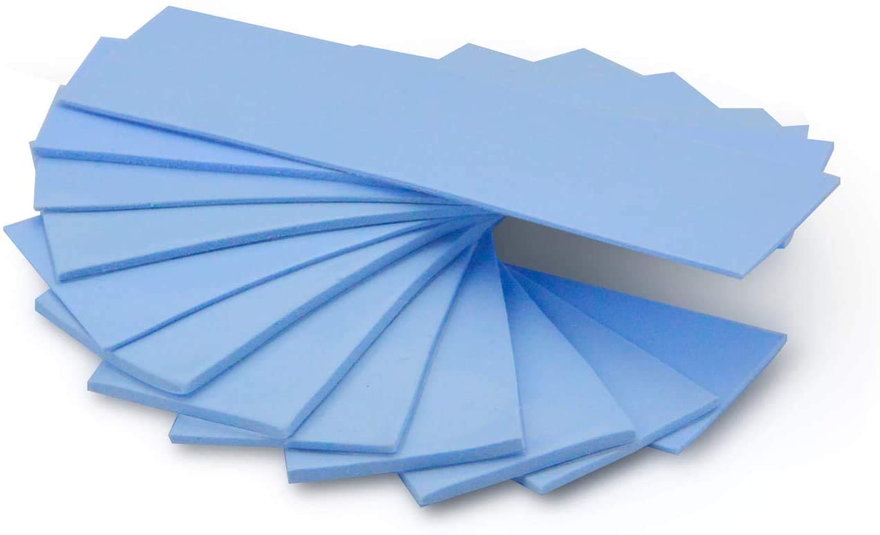 Pack of 12 Assorted Thickness 0.5 1.0 1.5 mm Heat Conductive Silicone Pads with 6.0 W/mk Thermal Conductivity, Soft Safe Easy to Use for SSD CPU GPU LED IC Chipset Cooling - Blue