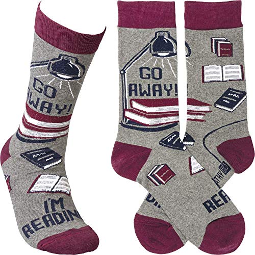 PBK Primitives by Kathy Crew Socks Funny Humorous"Go Away I'm Reading", Gray, One Size