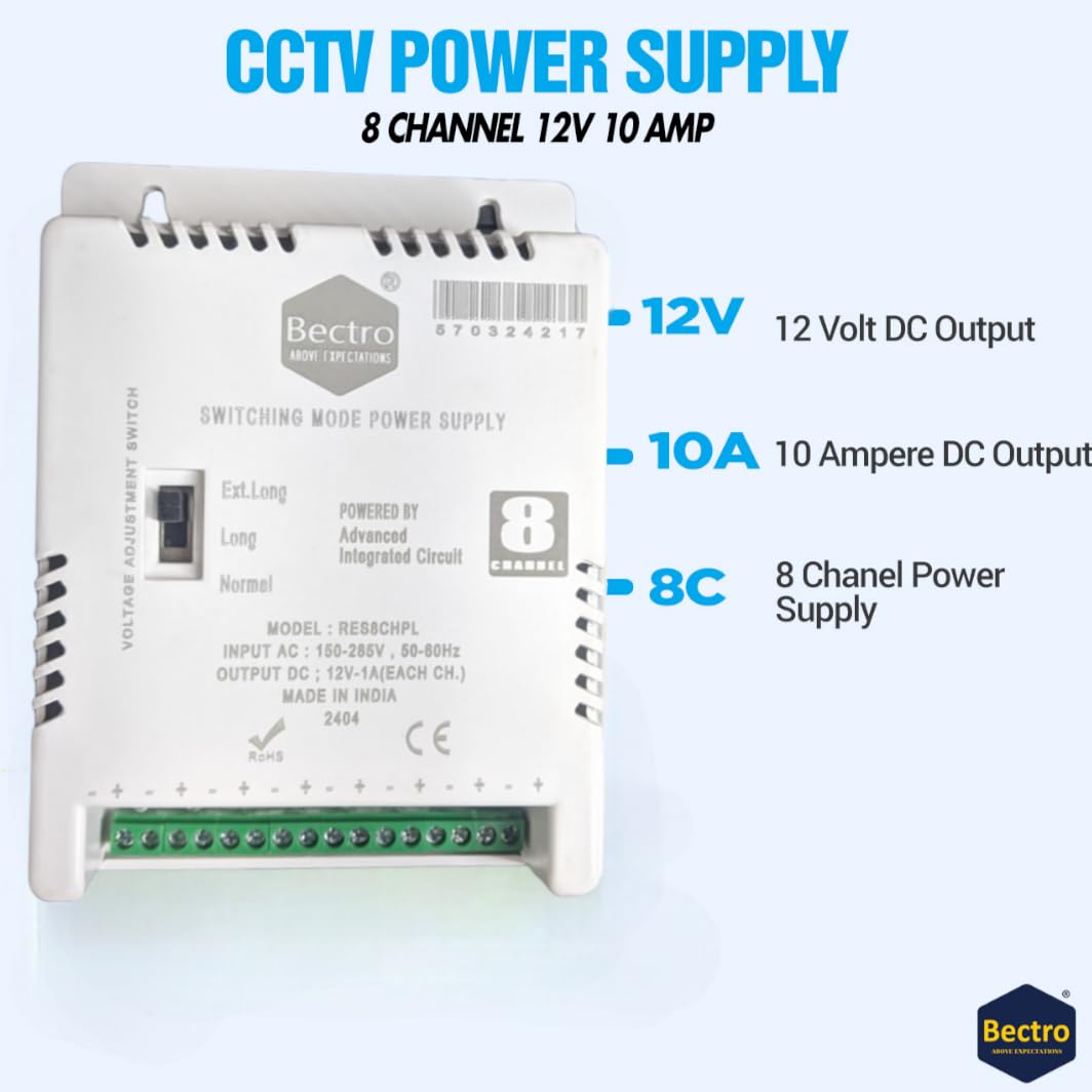 Bectro 8 Channel CCTV Power Supply - 12V 10A -6