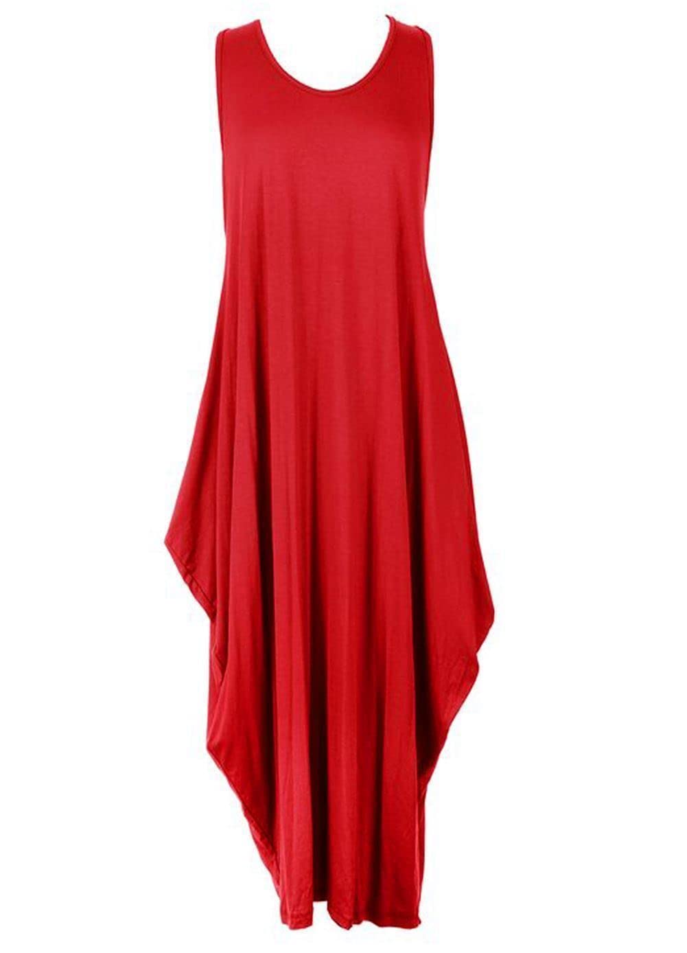 Zee Fashion Women's Red New Italian Lagenlook Tulip Parachute Dress Stretchy Sleeveless Long Tunic Top 8-18