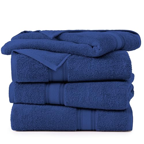 Image of LANE LINEN 100% Cotton 4 Pack Bath Towels (30 inchx60 inch) - Zero Twist, Mercerized Cotton Towels Set for Bathroom - Quick Dry, Soft & Absorbent Large Bath Towel Set - Dorm Essentials for Boys - Navy Blue