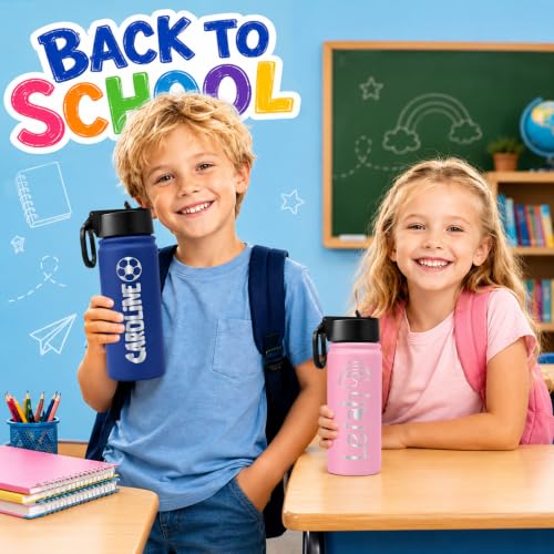 Image of Ships from USA,Custom Water Bottle For School, 18 oz Personalized Stainless Steel Kids Water Bottle with Straw Lid,Double Wall Insulated BPA Free ,Personalized Gifts for Boys Girls (Engraved Names)