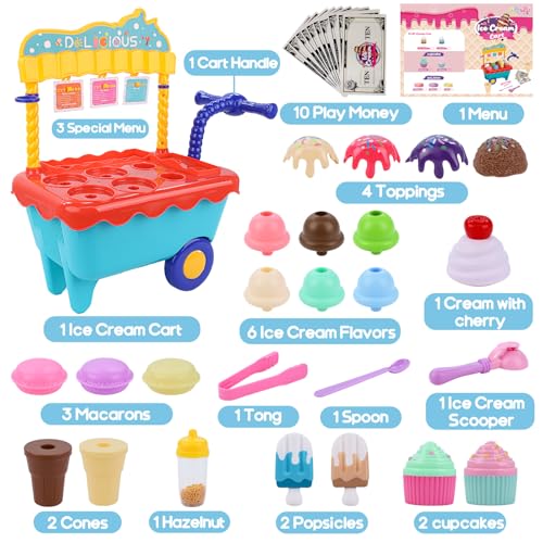 Gifts2U Ice Cream Cart Toys for Kids,45 Pcs Ice Cream Play Set,Pretend Play Store with Storage Trolley,Food Toys,Play Ice Cream Shop Toy,Gift for Boys Girls 3 4 5 6 Years Old