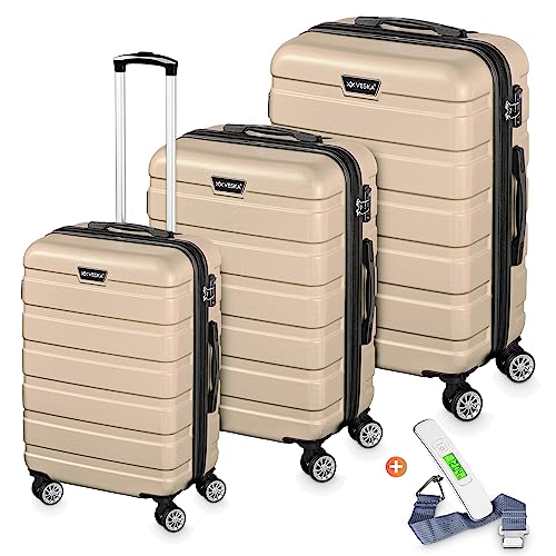 VESKA 3tlg. Hartschalenkofferset Hard Shell Reisekoffer Kofferset Trolley Koffer Hartschalenkoffer Reisekofferset Rollkoffer TSA Zahlenschloss 4 Rollen ABS-Hartschale M-L-XL (Champagner)