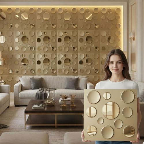 Image of Kayra Decor 3D PVC Wall Panels - Circle Embossed Design, Mirror Gold Color, 19.7 inch x 19.7 inch (Pack of 18) | Covers 42.28 Sq. Ft. |