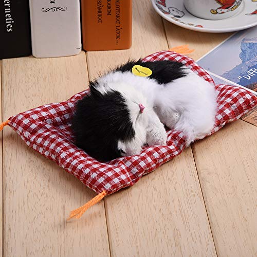 Tnfeeon Simulation Schlafen Plüsch Katze mit niedlichen Klang weiche Matte Bett Schlafen Katze gefüllte Puppe beliebtes für Kinder Kleinkinder (Schwarz Weiß)
