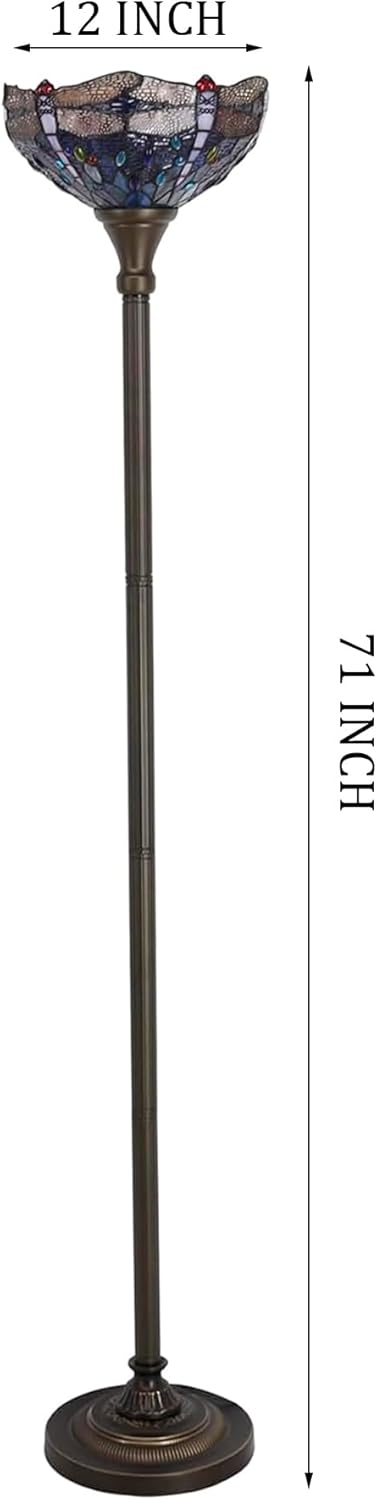 WERFACTORY Tiffany Floor Lamp Sea Blue Stained Glass Dragonfly Light 12X12X71 Inches Pole Torchiere Standing Corner Torch Uplight Decor Bedroom Living Room Home Office S631 Series