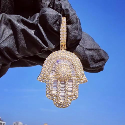 Hip Hop 14K/white Gold Plated Micro Iced Out Hamsa Hands Pendant with 24" Franco Chain Necklaces for Men Women3