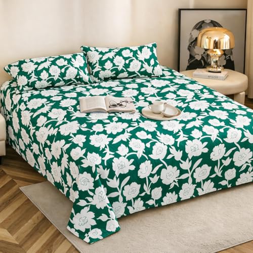 Image of Cotton Feel King Size Flat Bedsheet for Double Bed (90 x 100 Inches | 230 x 250 cm) with 2 Pillow Covers | Soft & Smooth Printed Bedsheet for Daily Use (Green-White, King Bed-90x100)