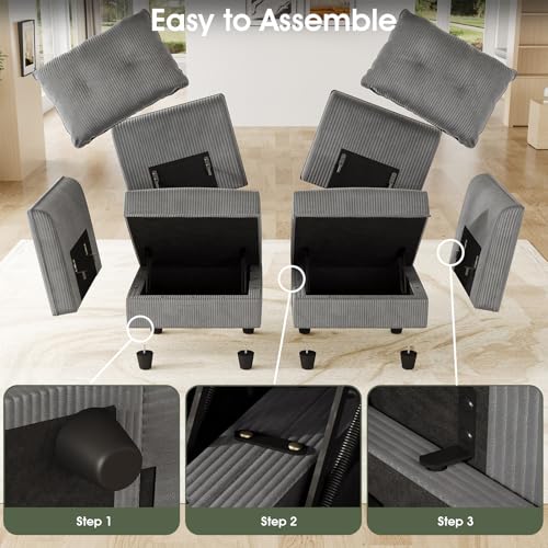 Image of LLappuil Modular Sectional Sofa with Storage, U-Shaped 5-Seat Corduroy Couch with 5 Throw Pillows, Pet-Friendly Convertible Sofa for Small Space, Skin-Friendly, Grey