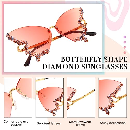 Xuhal 4 Pairs Rimless Butterfly Sunglasses Rhinestone Bling Sun Glasses Trend Gradient Butterfly Shaped Sunglasses for Women3