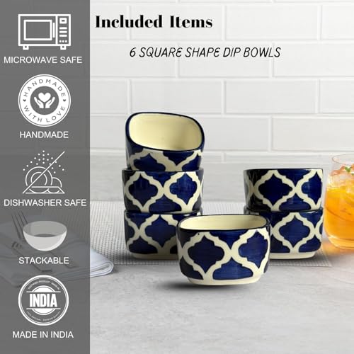Image of Designer Ceramic Dip Bowls Set | Navy Blue Moroccan Pattern Serving Bowls for Condiments, Snacks & Dips | 6 Pieces, 40 ml