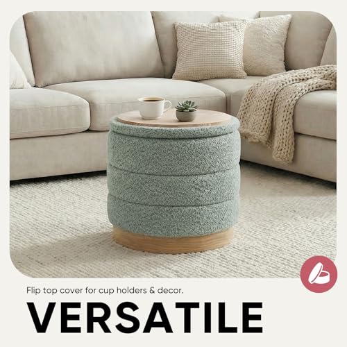 Image of Round Storage Ottoman with Tray, Chenille Folding Foot Rest Coffee tabele for Living Room Bedroom Dorm,Wood Grain Leather