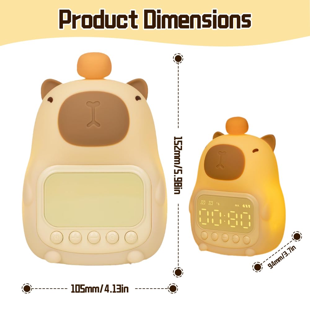 Reloj Despertador Capybara con Luz Nocturna,Lindo Despertador Infantil Capibara,Capybara Reloj,Lámpara Recargable de Silicona,Reloj Despertador Digital Recargable para Niñas y Niños