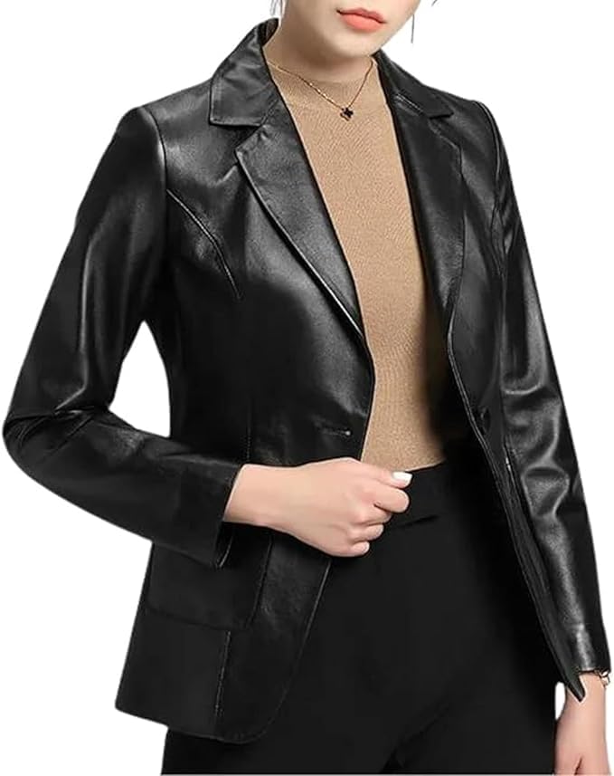 Women's Classic 2-Button Genuine Lambskin Leather Blazer Women - Casual Coat Long Sleeves Suit Style Leather Jacket - Black-image-47
