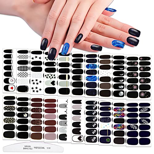 WOKOTO 20 Sheets 280 Pieces Nail Polish Stickers Full Nail Wraps for Women False Nail Stickers Punk Black Nail Full Wraps for Nails Stick On Nail Polish Strips Gel Nail Strips Wraps Nail Gel Stickers