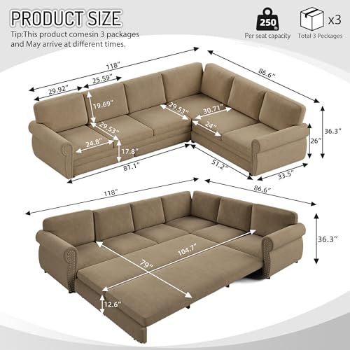 Image of KEIKI 118 inch Chesterfield Sleeper Sofa, Chenille Sectional Couch, Camel | L Shaped, Pull Out Bed Design, Nailhead Trim Detail, Rolled Armrest, 6 Seat Seating, Living Room Guest Room Use