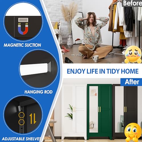 Image of GAIOUS Metal Wardrobe Cabinet with Mirror and Hanging Rod, 71 inch Black