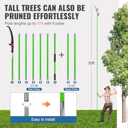 Image of 30 Ft Manual Pole Saw, Extendable Tree Pruner Blade and Scissors Set with 9 Fiberglass Handles, Long Branch Pruner Retractable for Backyard and Garden, Bush Cutting and Pruning of Palm Trees