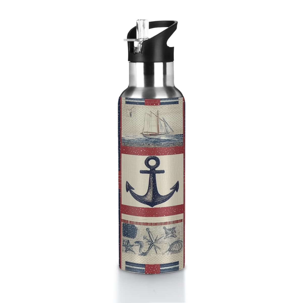 VQUVQV Stainless Steel Water Bottle with Straw Lid, 600ml Insulated Leakproof Sports Bottle Thermal Flask for Cold and Hot Drink, Nautical Motifs Anchor Boat