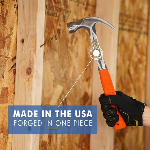 Image of ESTWING Curved Claw Hammer - 20 oz USA Made Curved Claw Hammer with Forged Steel Construction & Hi-Vis Orange Shock Reduction Grip - EO-20C