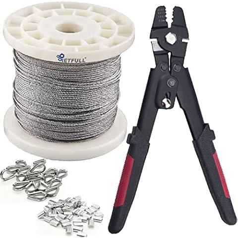 IETFULL 1/16'' Wire Rope 328FT and Wire Rope Crimping Tool with 50psc Thimbles and 50pcs Sleeves Cover