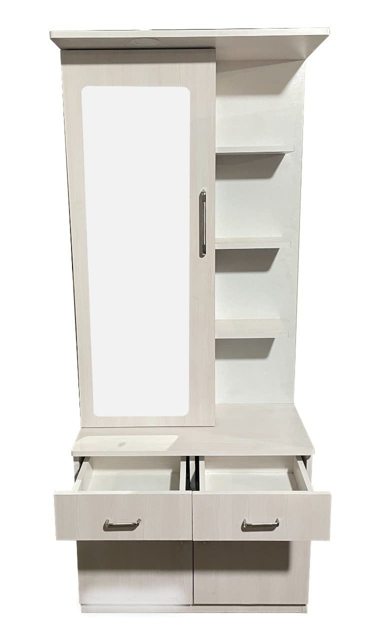 CASPIAN Engineered Wood Single Door Vanity Dressing Table (White) | Pre-Assembled Furniture with Mirror & LED Light | Makeup & Accessories Organizer with 4 Shelves & 2 Drawers 4