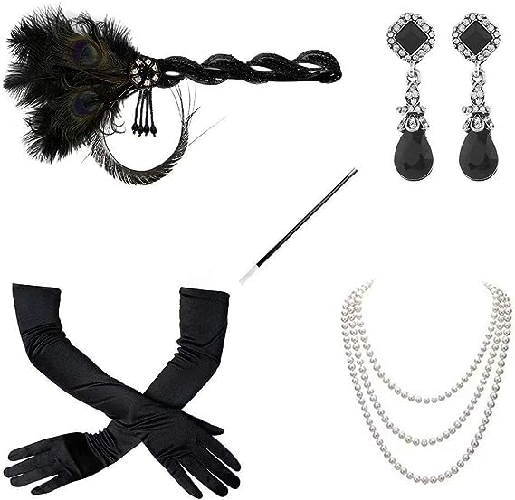 YEEBOM1920s Flapper Accessories Set for Women, Roaring 20s Great Gatsby Feather Headband Accessories for Weeding Bride Black