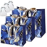 REDICE ギフトバッグ 手提げ袋 ラッピング袋 紙袋 リボン付き 巾着袋3枚付き 厚手 ギフト包装 プレゼント用 大理石柄 贈り物 引出物袋 クリスマス 結婚式 (ブルー, S+M+L)