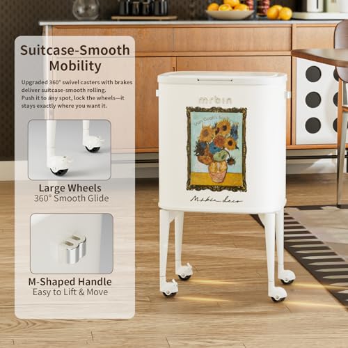Image of MRBIN 23L Art Decor Trash Can with Wheels, Press-to-Open Lid, Tall Standing Garbage Bin with Lockable Casters, Metal Waste Basket for Kitchen, Living Room, Bedroom, Cream White