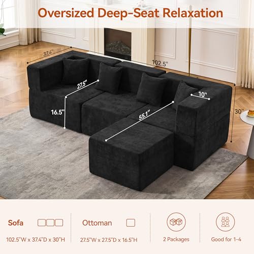 Image of MONVANE 103'' Modular Sectional Sofa, Comfy Chenille Cloud Couch with Ottoman, Modern Convertible L Shaped Couch with Deep Seat, Sectional Couches for Living Room, Bedroom and Apartment, Black