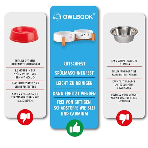 OWLBOOK rosa Herz Motiv Futternapf personalisiert Hundenapf mit Namen oder Wunschtext Doppelnapf aus Keramik mit Bambus Gestell Futternapf Napf Wassernapf Keramik, Bambus 300 ml