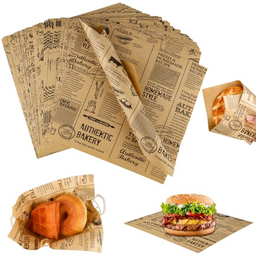 120 Feuilles Papier Journal Alimentaire, Papier Emballage Imperméable, Antiadhésif Respectueux Sulfurisé pour Sandwich, Frites, Hamburger (22 x 22cm)