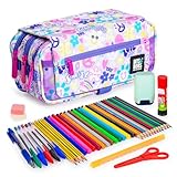 ColePack Design - Lote de Estuche Portatodo Triple con 3 Cremalleras y Material Escolar de Primeras Marcas Incluido (Smile)