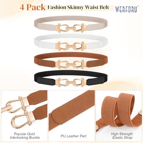 WERFORU 4 Pack Women Skinny Elastic Waist Belt Gold Buckle Stretchy Thin Belt for Jeans Dress3