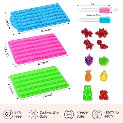 Image of Gummy Candy Chocolate Molds - Silicone Mini Gummy Bear /Dinosaur /Fruit Snack Molds with 2pcs Dropper, Non-stick for Candy Chocolate Gummies Baking