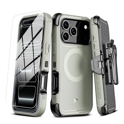 Image of M MYBAT PRO for iPhone 17 Pro Case with Belt Clip Holster,[Compatible with Magsafe] w /Screen Protector,Anti-Drop,Shockproof,w 360Rotating Kickstand,Heavy Duty Protection (Natural Titanium)