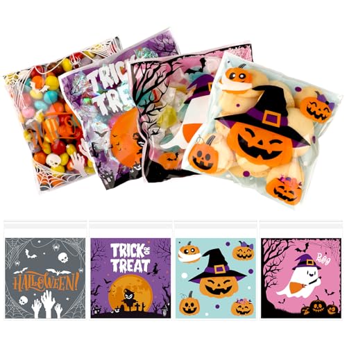 Konsait 100 PCS Small Halloween Treat Bags Self Adhesive Clear Cookie Bags Halloween Cellophane Baggies for Candy Trick or Treat Party Favor Supplies