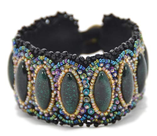 Bracelet plat vert et noir en cuir véritable avec perles de verre
