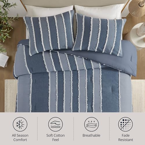 Image of INK+IVY Queen Comforter Set Boho Comforters Stripes, Clipped Jacquard, Cotton Comforter for Queen Size Bed, All Season Poly Fill Lightweight Queen Bedding & Shams, Shay, Full /Queen, Blue 3 Piece