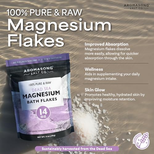 Aromasong RAW Magnesium Bath Flakes with 100% Natural Lavender, 14 Oz. Muscle Relaxing Organic Salts Mg Chloride, Mineral Soak Salt.